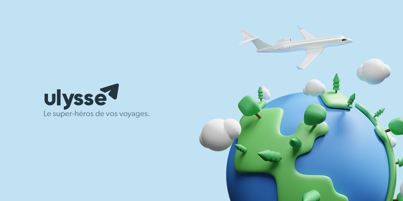 Logotype Ulysse avec une illustration 3D représentant un avion et un globe terrestre